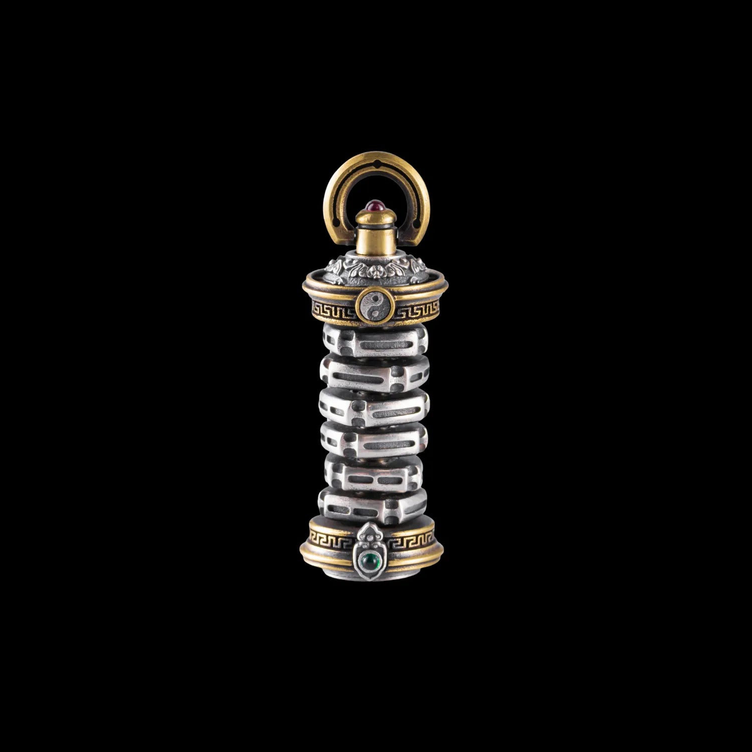 Taiji Rotatable Pendant Oxidized Silver & Brass & Garnet